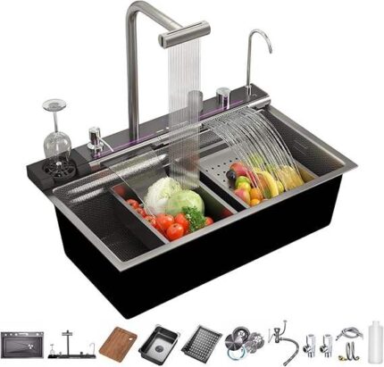 Smart kitchen sink - stainless steel honeycomb single-bowl kitchen sink with digital display and double waterfall style.