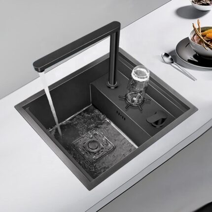 Black stainless steel concealed bar sink, hand-held portable sink, small concealed balcony sink with faucet and cup washer